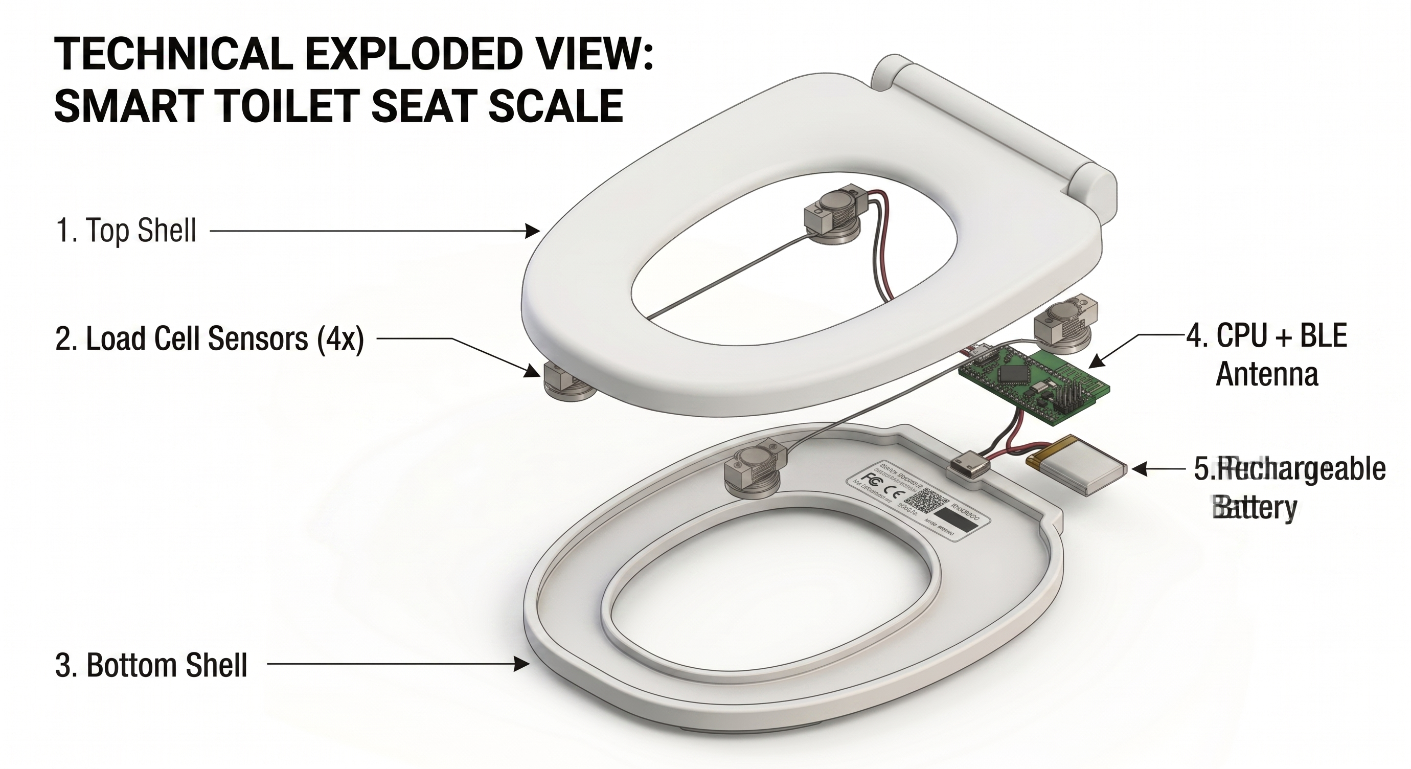 Exploded technical view of the ShitBit smart toilet seat scale, showing the top shell, four load cell sensors, bottom shell, processor with Bluetooth antenna, and rechargeable battery.